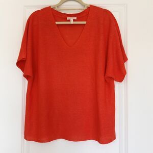 Eileen Fisher 100% Organic Linen V-Neck Top Small Orange Short Sleeve